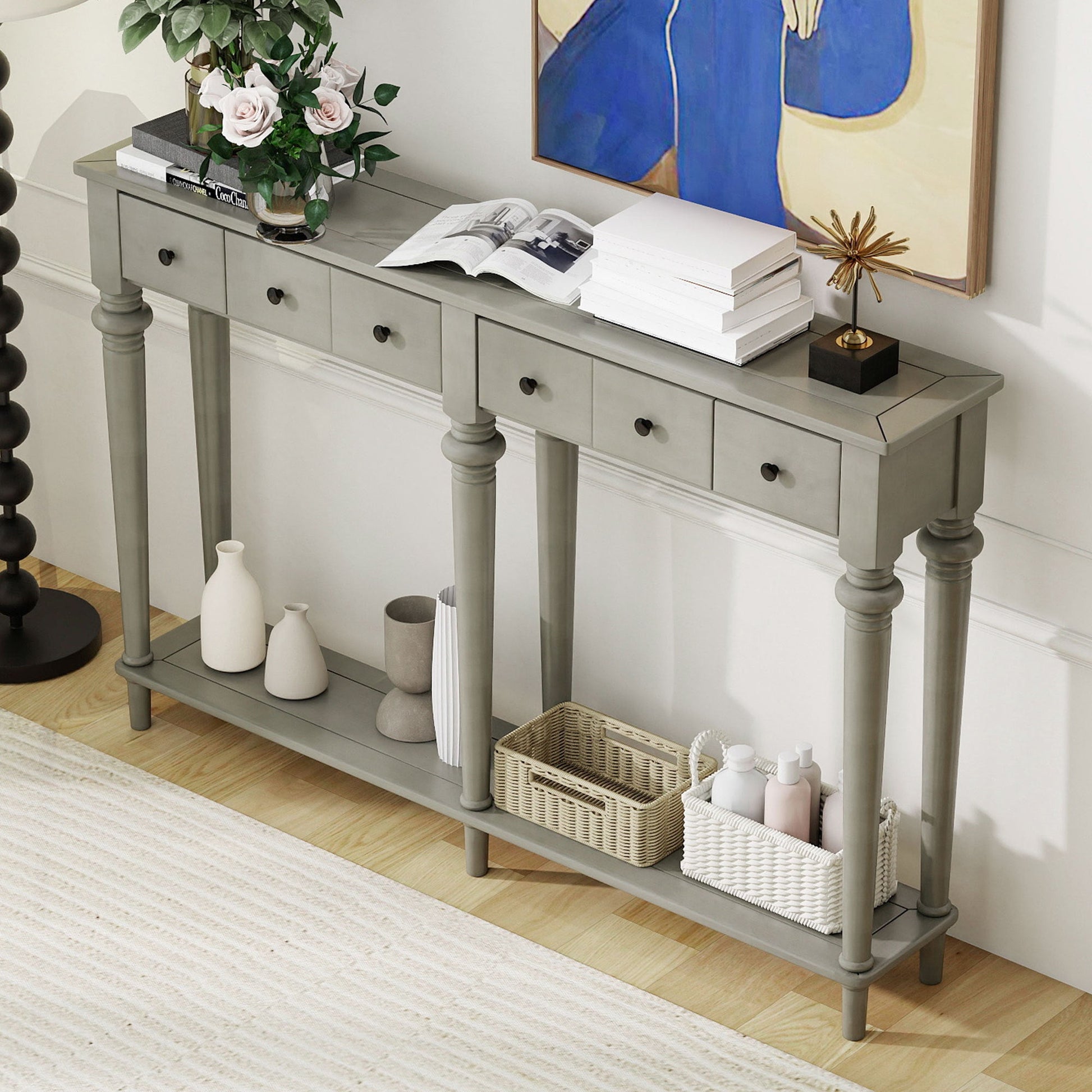 TREXM Entryway Table with 4 Drawers, Retro Console Table with Open Shelf for Entryways, Living Rooms, and Hallways (Grey Wash) - 1st Choice Furniture Direct