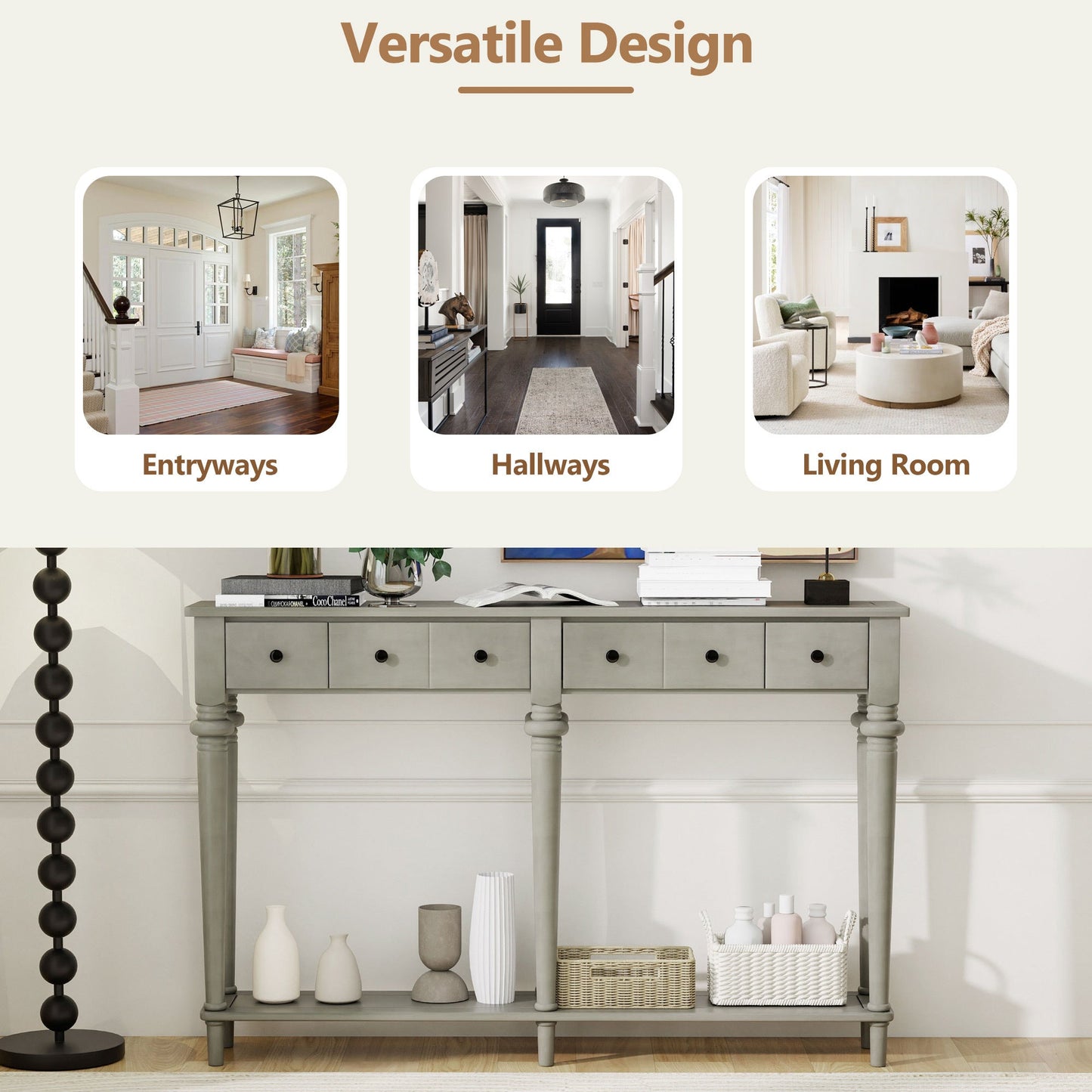 TREXM Entryway Table with 4 Drawers, Retro Console Table with Open Shelf for Entryways, Living Rooms, and Hallways (Grey Wash) - 1st Choice Furniture Direct