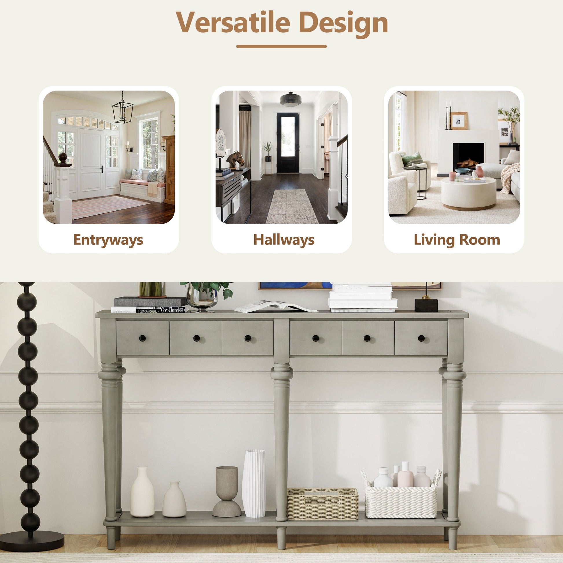 TREXM Entryway Table with 4 Drawers, Retro Console Table with Open Shelf for Entryways, Living Rooms, and Hallways (Grey Wash) - 1st Choice Furniture Direct