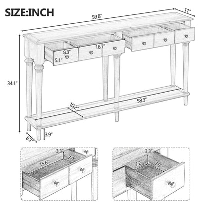 TREXM Entryway Table with 4 Drawers, Retro Console Table with Open Shelf for Entryways, Living Rooms, and Hallways (Grey Wash) - 1st Choice Furniture Direct