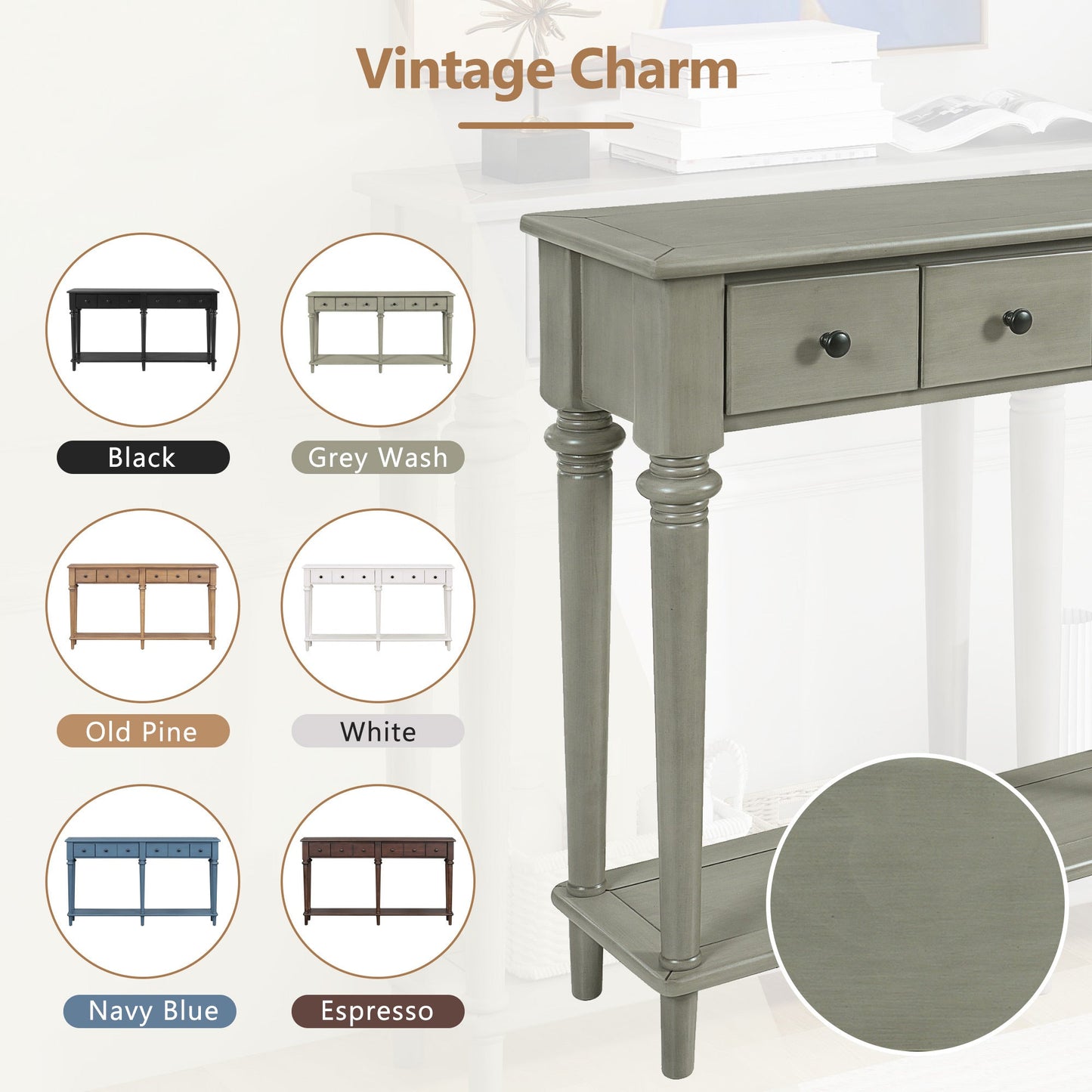 TREXM Entryway Table with 4 Drawers, Retro Console Table with Open Shelf for Entryways, Living Rooms, and Hallways (Grey Wash) - 1st Choice Furniture Direct