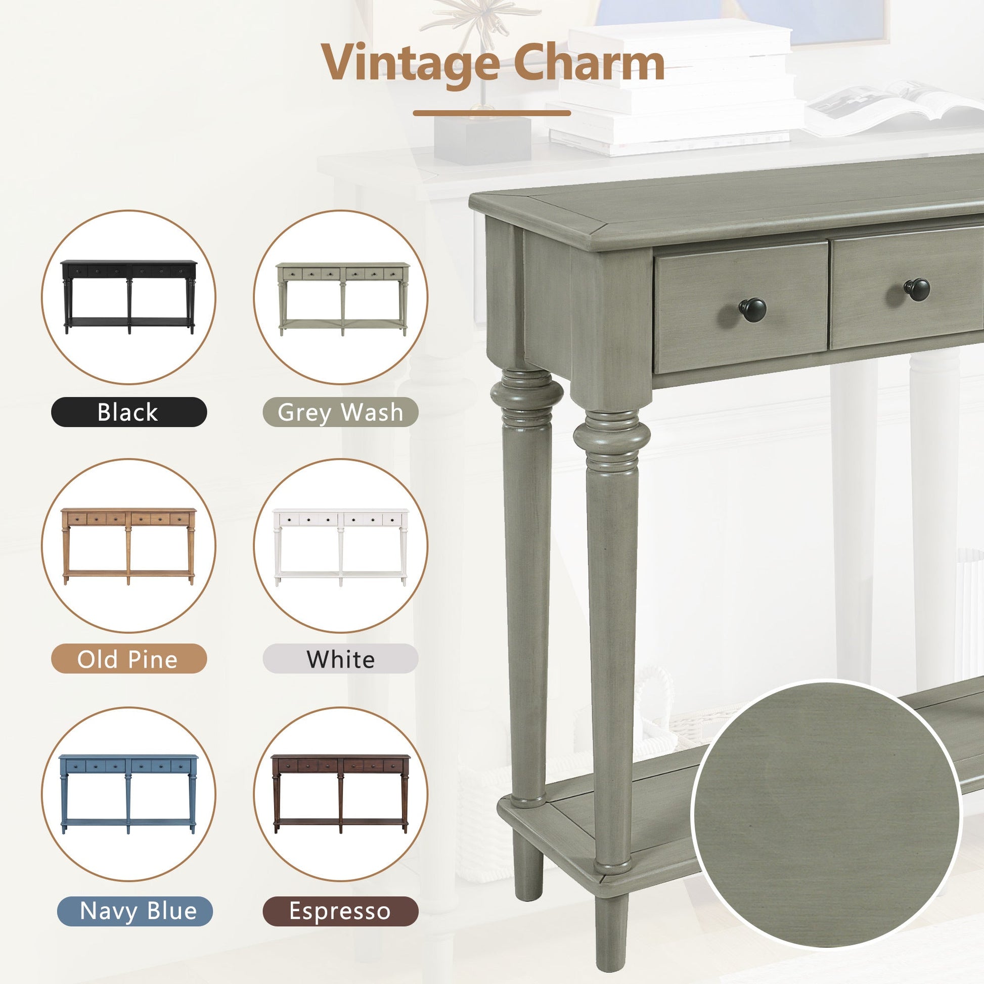 TREXM Entryway Table with 4 Drawers, Retro Console Table with Open Shelf for Entryways, Living Rooms, and Hallways (Grey Wash) - 1st Choice Furniture Direct