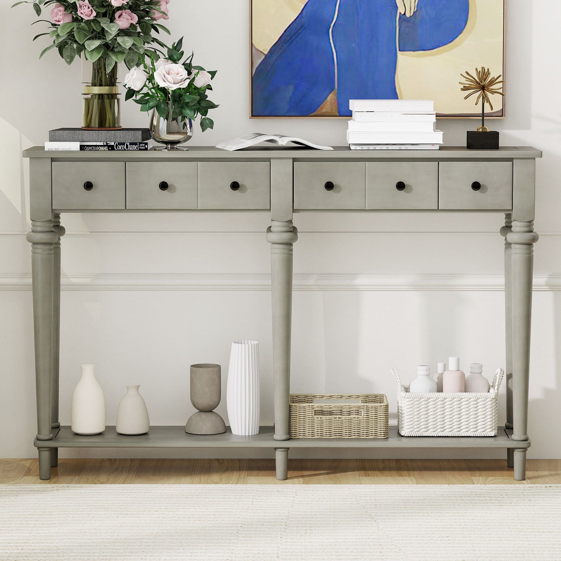 TREXM Entryway Table with 4 Drawers, Retro Console Table with Open Shelf for Entryways, Living Rooms, and Hallways (Grey Wash) - 1st Choice Furniture Direct