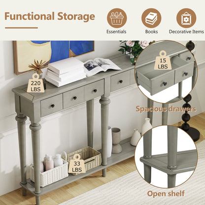 TREXM Entryway Table with 4 Drawers, Retro Console Table with Open Shelf for Entryways, Living Rooms, and Hallways (Grey Wash) - 1st Choice Furniture Direct