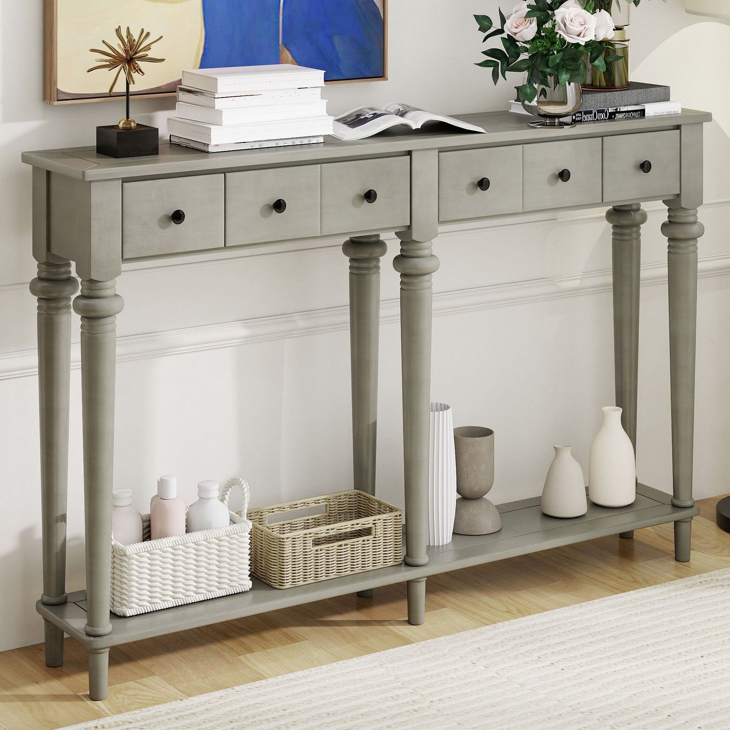 TREXM Entryway Table with 4 Drawers, Retro Console Table with Open Shelf for Entryways, Living Rooms, and Hallways (Grey Wash) - 1st Choice Furniture Direct