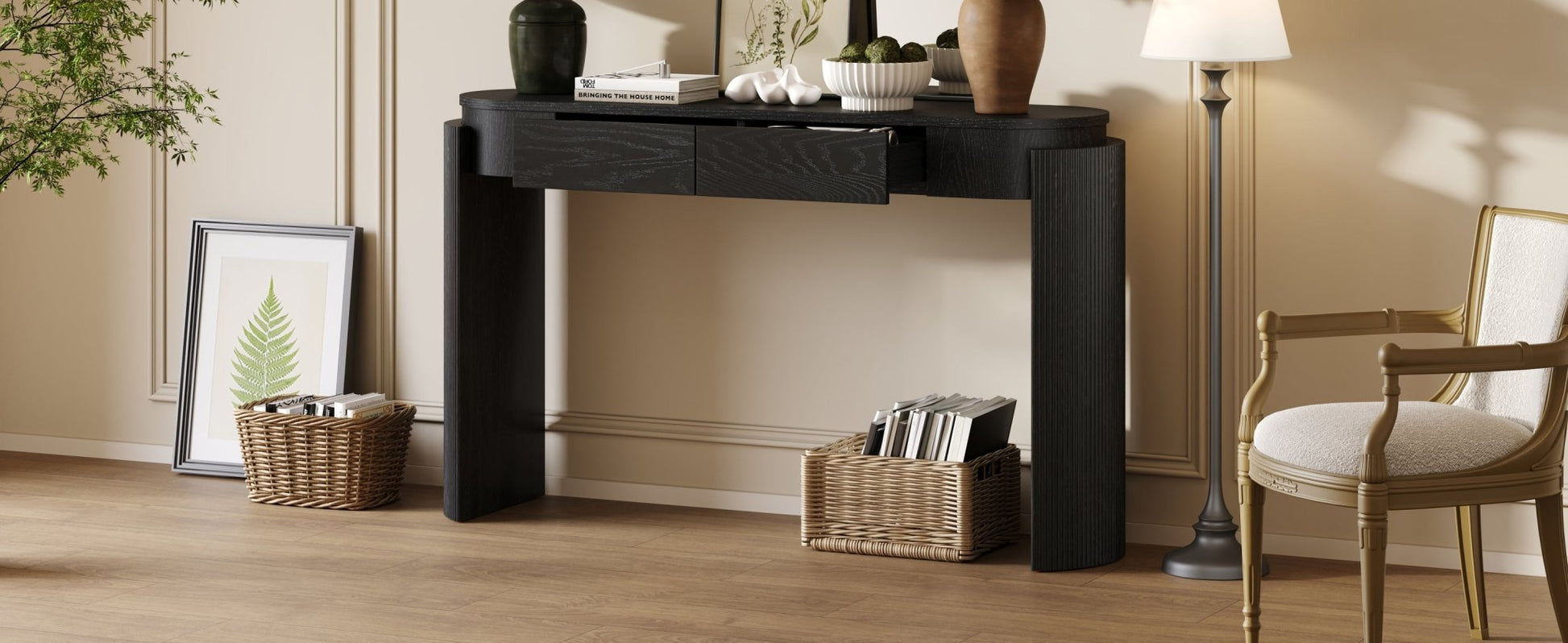 TREXM Entryway Table with Natural Wood Grain Finish, Console Table with Fluted Design, Oval Top and 2 Drawers for Entryway and Living Room (Black) - 1st Choice Furniture Direct