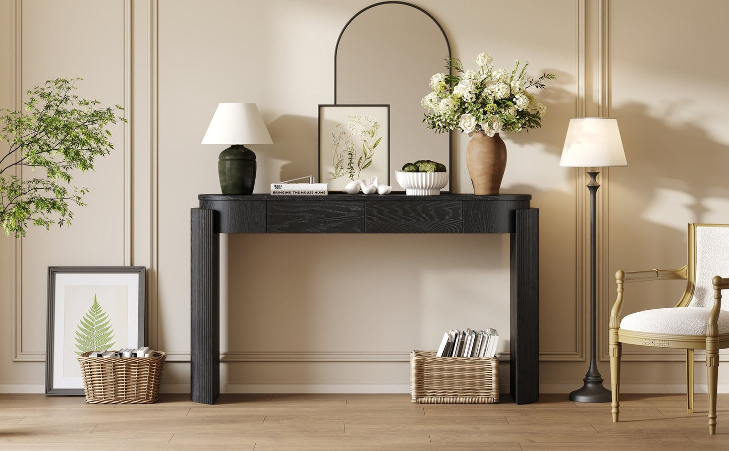 TREXM Entryway Table with Natural Wood Grain Finish, Console Table with Fluted Design, Oval Top and 2 Drawers for Entryway and Living Room (Black) - 1st Choice Furniture Direct