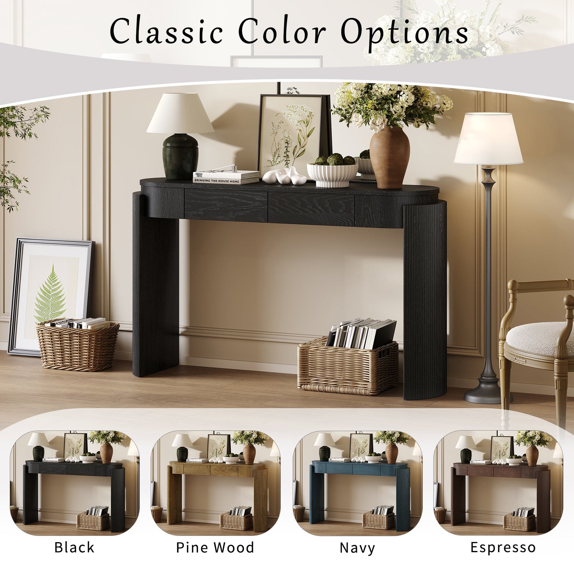 TREXM Entryway Table with Natural Wood Grain Finish, Console Table with Fluted Design, Oval Top and 2 Drawers for Entryway and Living Room (Black) - 1st Choice Furniture Direct