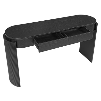 TREXM Entryway Table with Natural Wood Grain Finish, Console Table with Fluted Design, Oval Top and 2 Drawers for Entryway and Living Room (Black) - 1st Choice Furniture Direct