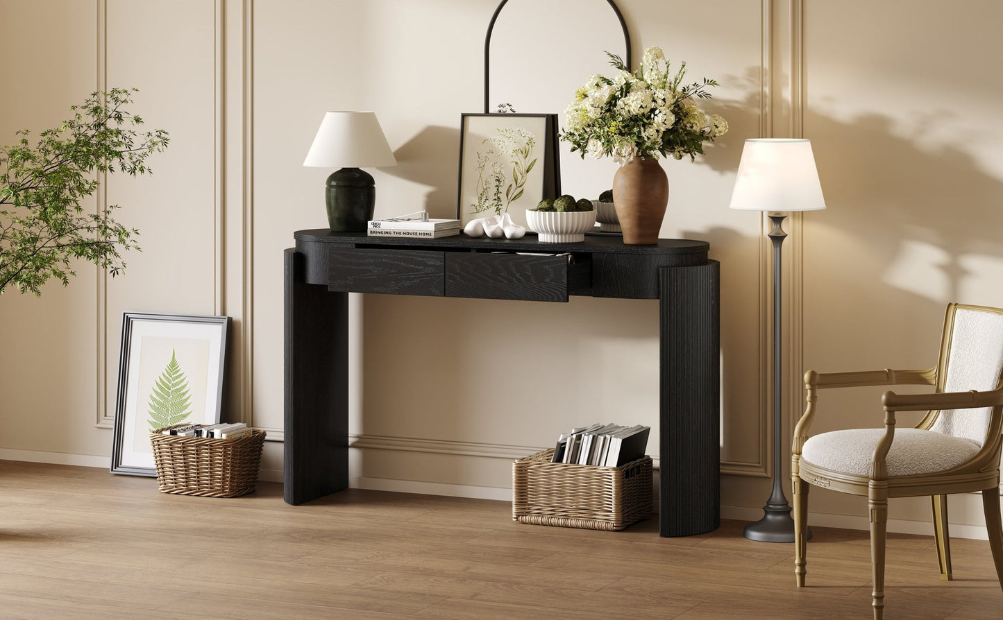 TREXM Entryway Table with Natural Wood Grain Finish, Console Table with Fluted Design, Oval Top and 2 Drawers for Entryway and Living Room (Black) - 1st Choice Furniture Direct