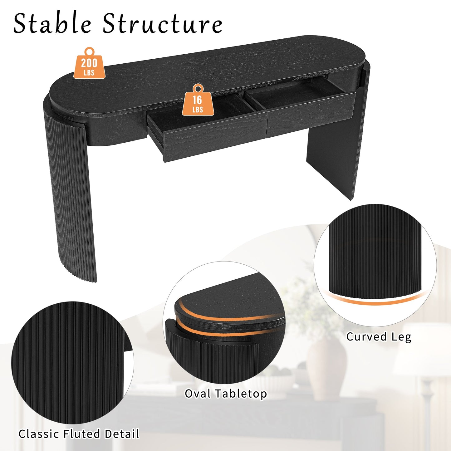 TREXM Entryway Table with Natural Wood Grain Finish, Console Table with Fluted Design, Oval Top and 2 Drawers for Entryway and Living Room (Black) - 1st Choice Furniture Direct