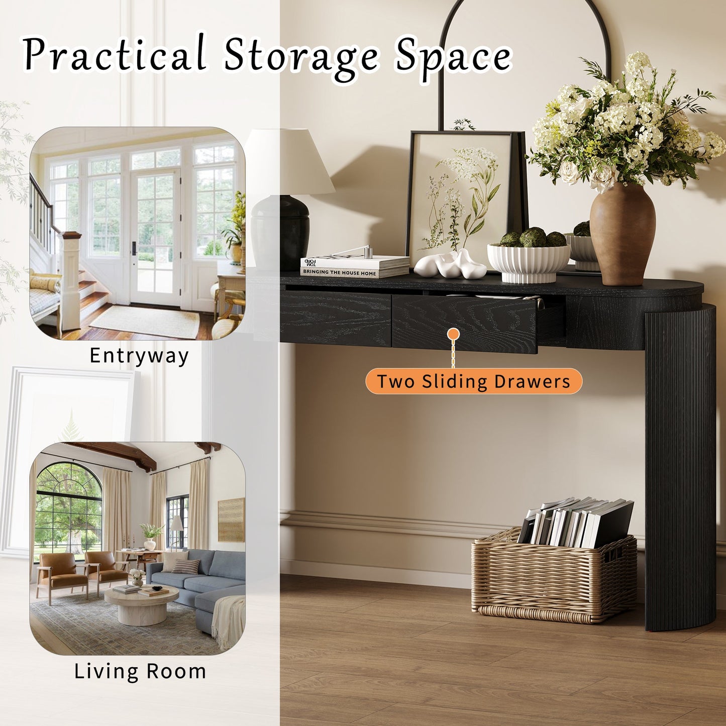 TREXM Entryway Table with Natural Wood Grain Finish, Console Table with Fluted Design, Oval Top and 2 Drawers for Entryway and Living Room (Black) - 1st Choice Furniture Direct