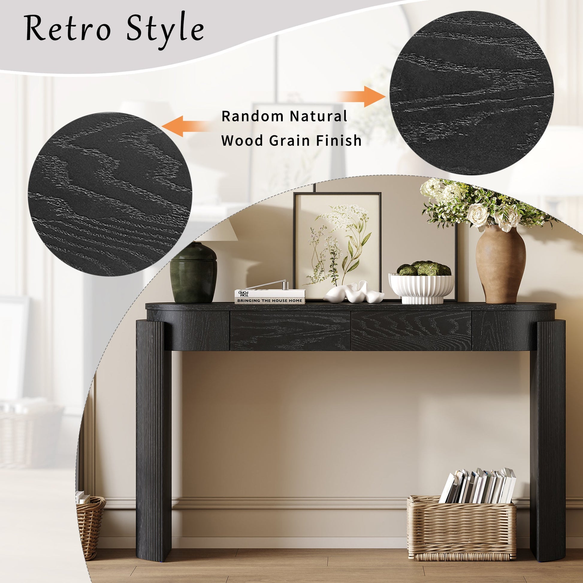 TREXM Entryway Table with Natural Wood Grain Finish, Console Table with Fluted Design, Oval Top and 2 Drawers for Entryway and Living Room (Black) - 1st Choice Furniture Direct