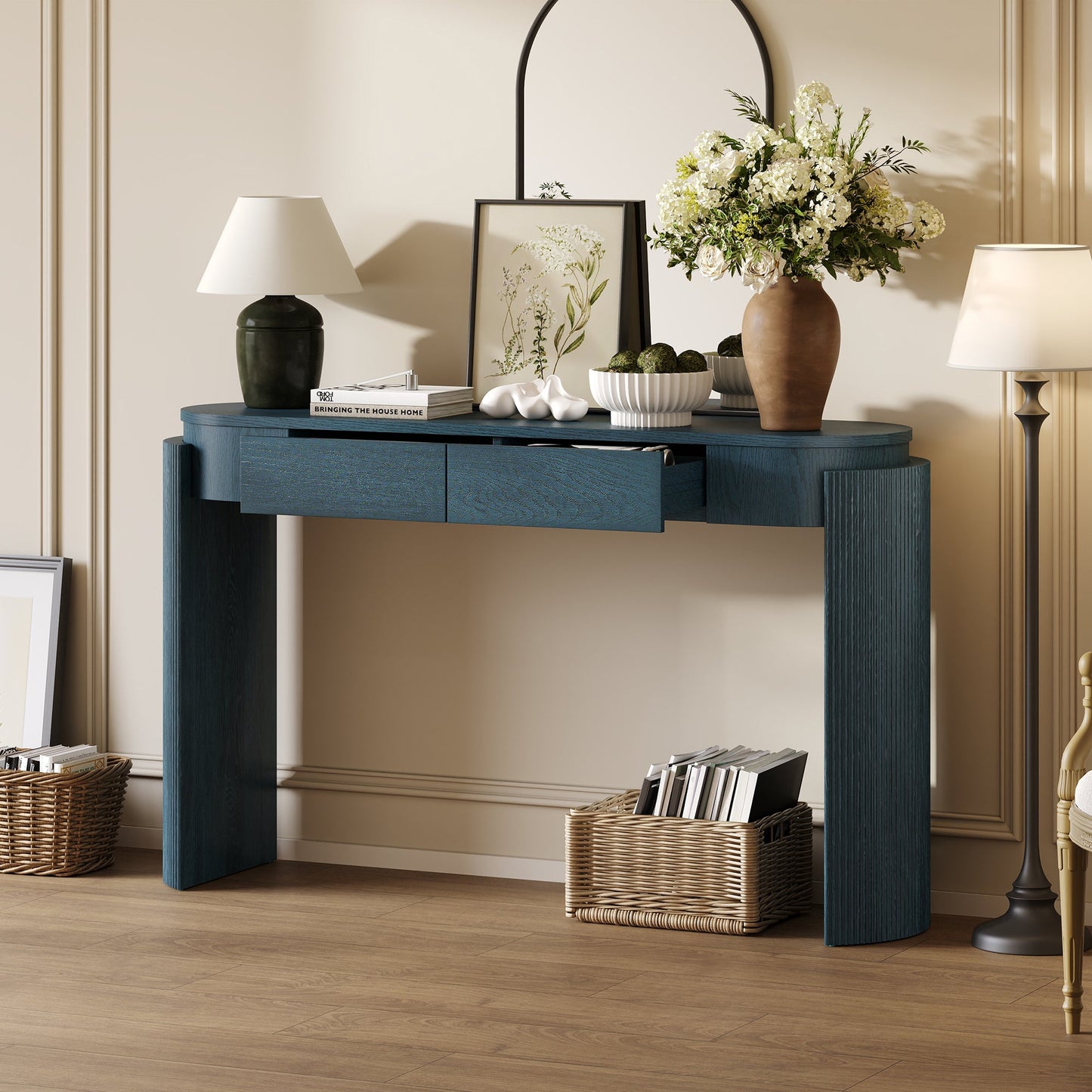 TREXM Entryway Table with Natural Wood Grain Finish, Console Table with Fluted Design, Oval Top and 2 Drawers for Entryway and Living Room (Navy) - 1st Choice Furniture Direct
