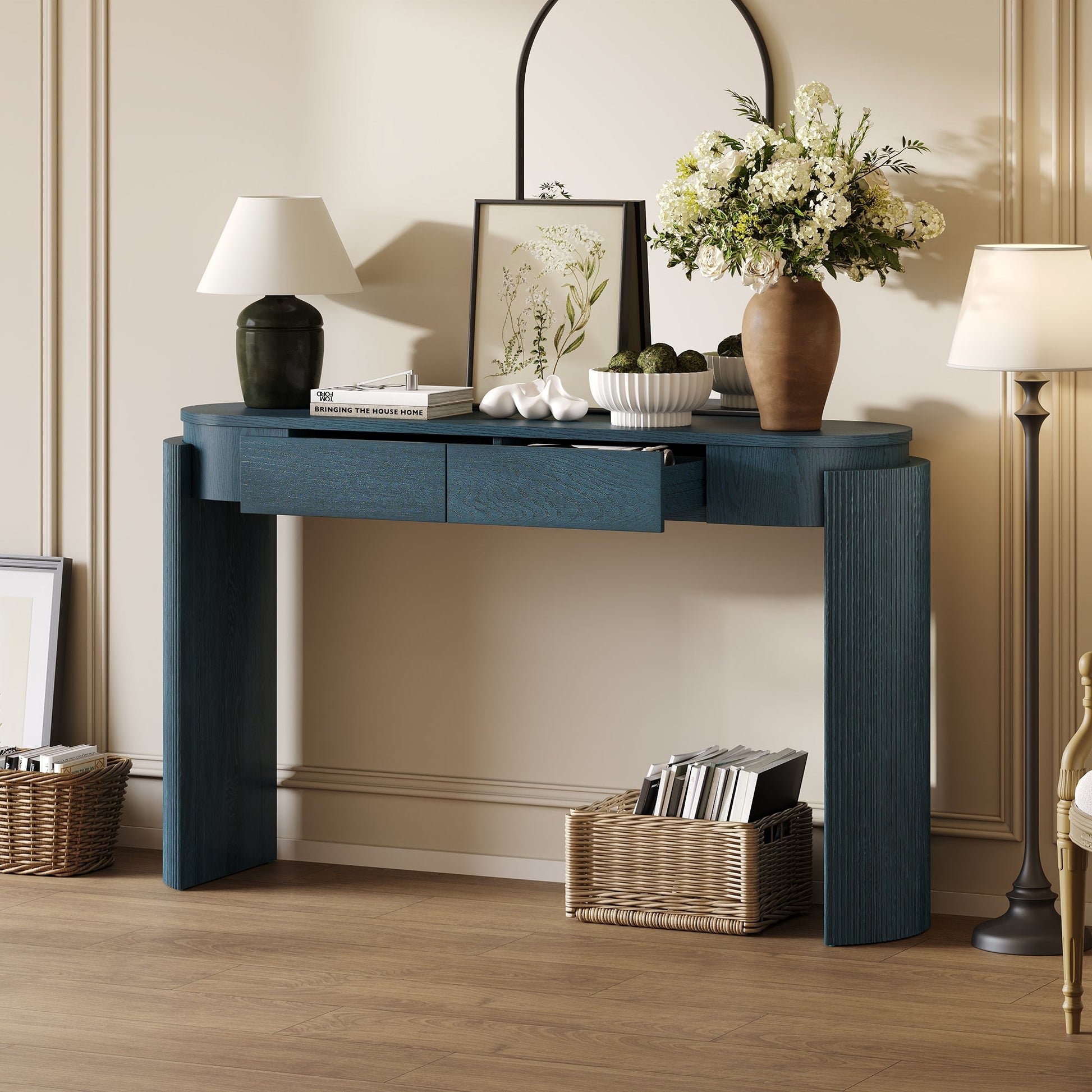 TREXM Entryway Table with Natural Wood Grain Finish, Console Table with Fluted Design, Oval Top and 2 Drawers for Entryway and Living Room (Navy) - 1st Choice Furniture Direct