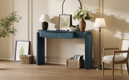 TREXM Entryway Table with Natural Wood Grain Finish, Console Table with Fluted Design, Oval Top and 2 Drawers for Entryway and Living Room (Navy) - 1st Choice Furniture Direct