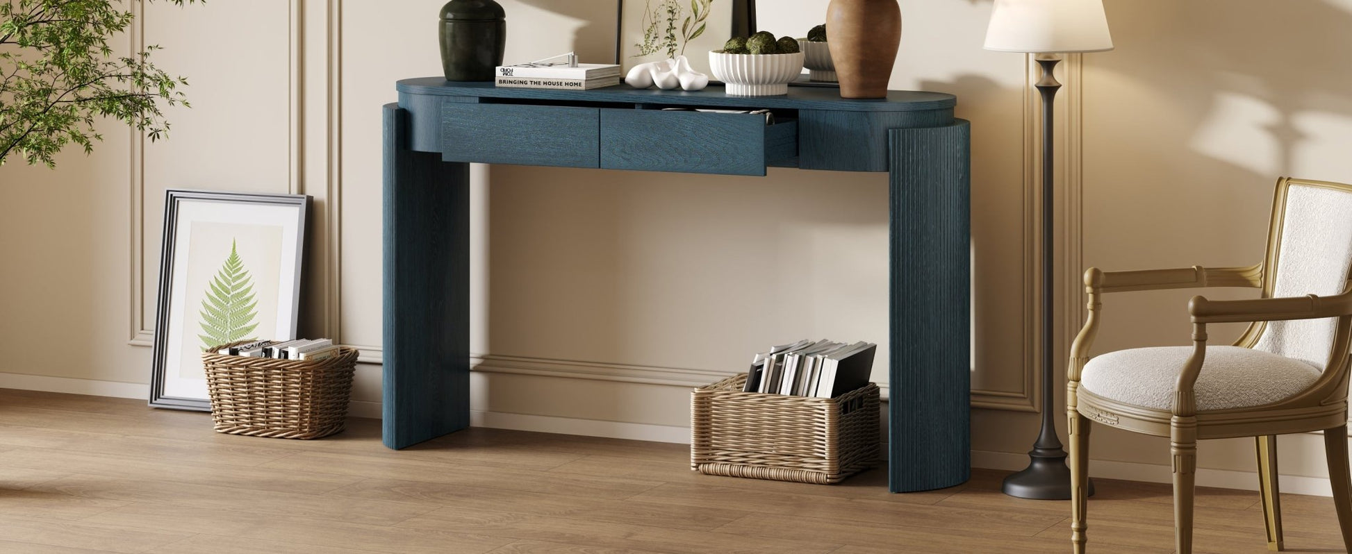 TREXM Entryway Table with Natural Wood Grain Finish, Console Table with Fluted Design, Oval Top and 2 Drawers for Entryway and Living Room (Navy) - 1st Choice Furniture Direct