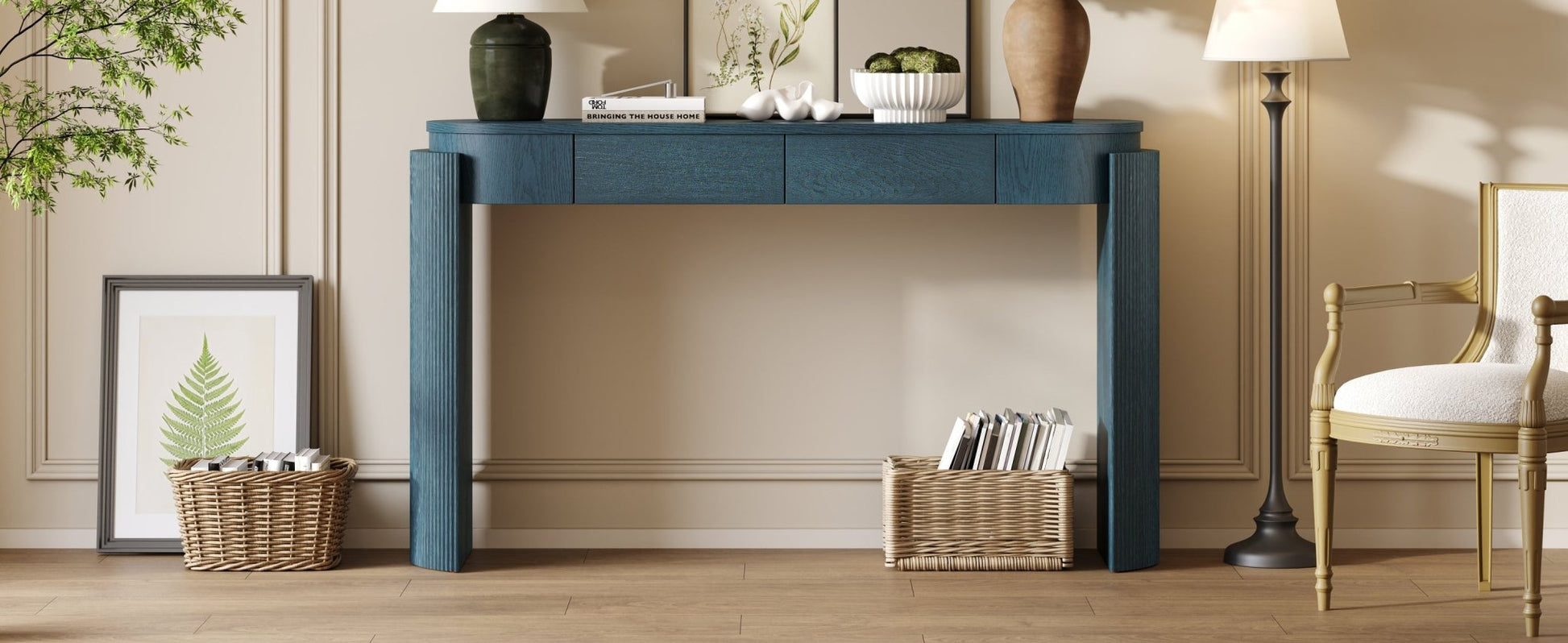 TREXM Entryway Table with Natural Wood Grain Finish, Console Table with Fluted Design, Oval Top and 2 Drawers for Entryway and Living Room (Navy) - 1st Choice Furniture Direct