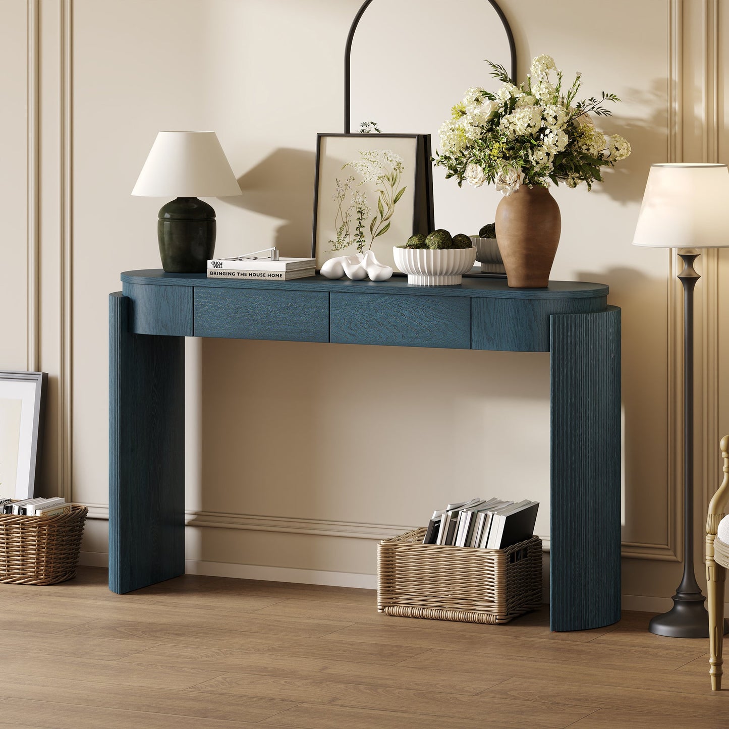 TREXM Entryway Table with Natural Wood Grain Finish, Console Table with Fluted Design, Oval Top and 2 Drawers for Entryway and Living Room (Navy) - 1st Choice Furniture Direct