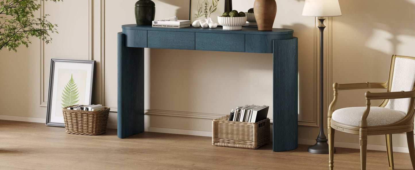 TREXM Entryway Table with Natural Wood Grain Finish, Console Table with Fluted Design, Oval Top and 2 Drawers for Entryway and Living Room (Navy) - 1st Choice Furniture Direct