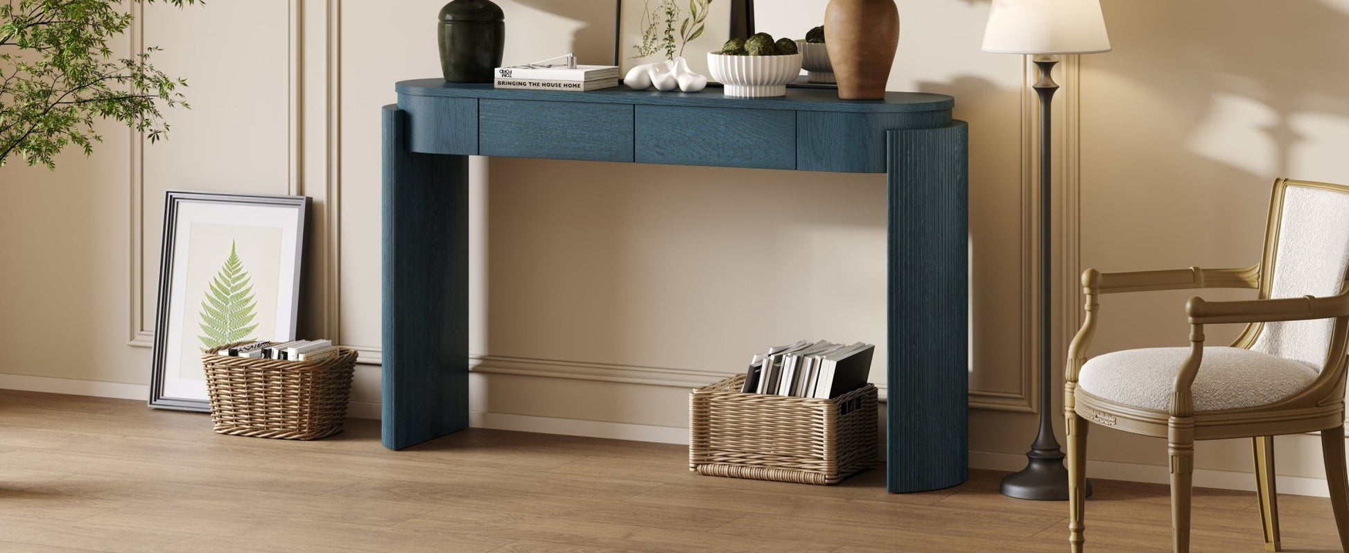 TREXM Entryway Table with Natural Wood Grain Finish, Console Table with Fluted Design, Oval Top and 2 Drawers for Entryway and Living Room (Navy) - 1st Choice Furniture Direct