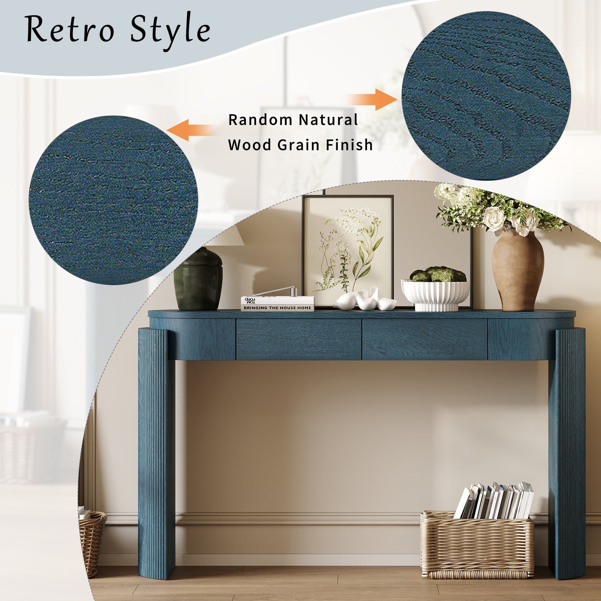 TREXM Entryway Table with Natural Wood Grain Finish, Console Table with Fluted Design, Oval Top and 2 Drawers for Entryway and Living Room (Navy) - 1st Choice Furniture Direct