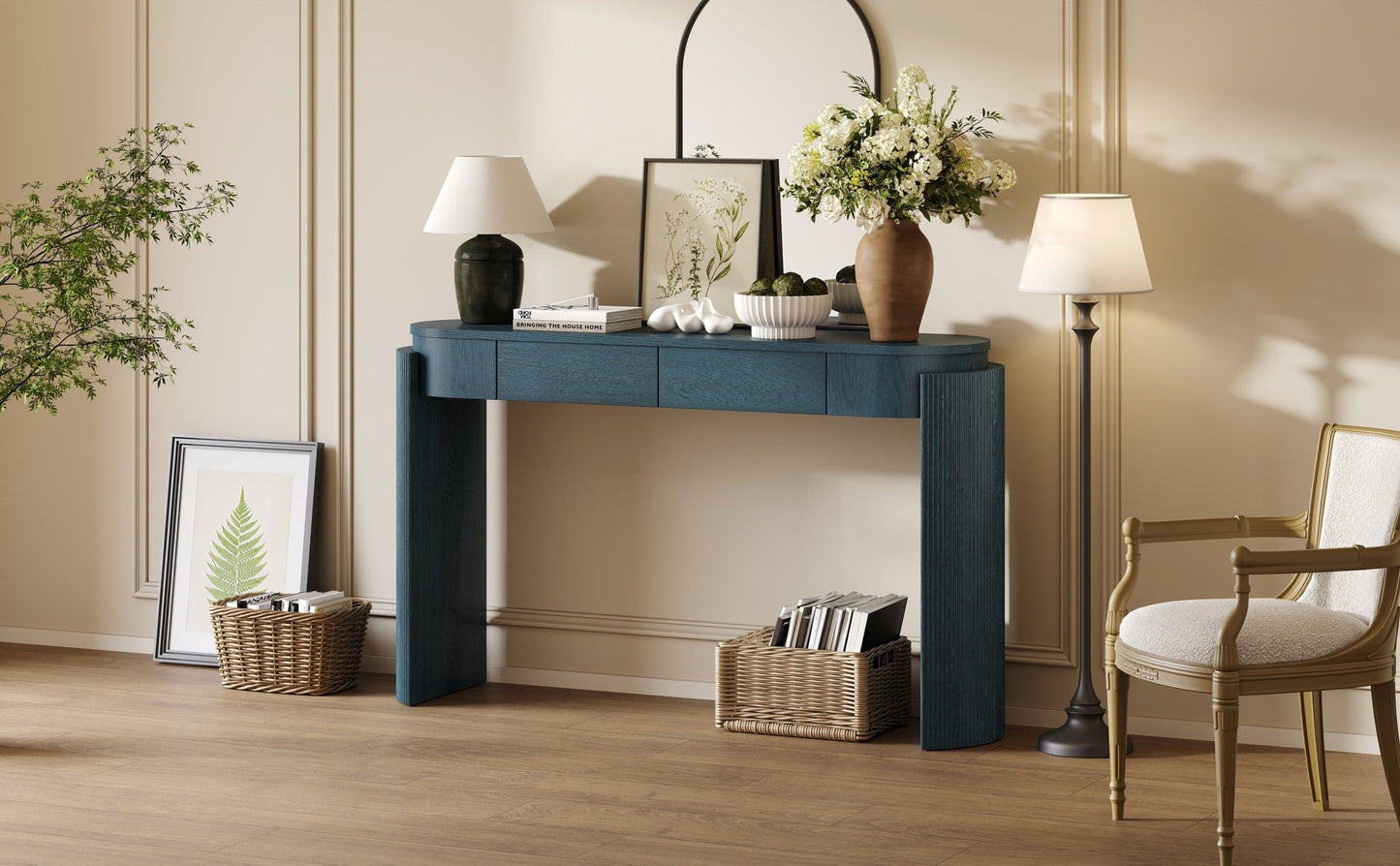 TREXM Entryway Table with Natural Wood Grain Finish, Console Table with Fluted Design, Oval Top and 2 Drawers for Entryway and Living Room (Navy) - 1st Choice Furniture Direct