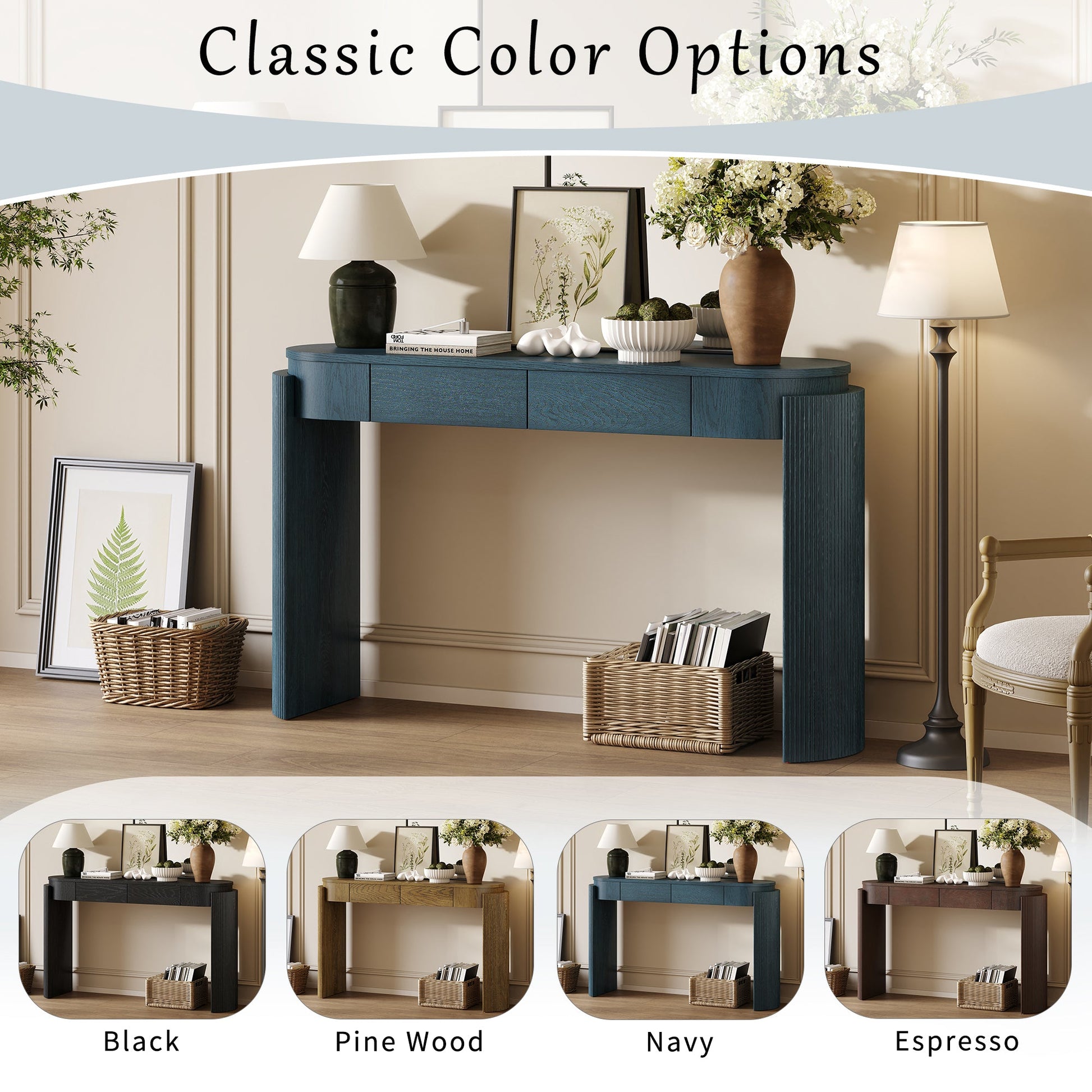 TREXM Entryway Table with Natural Wood Grain Finish, Console Table with Fluted Design, Oval Top and 2 Drawers for Entryway and Living Room (Navy) - 1st Choice Furniture Direct