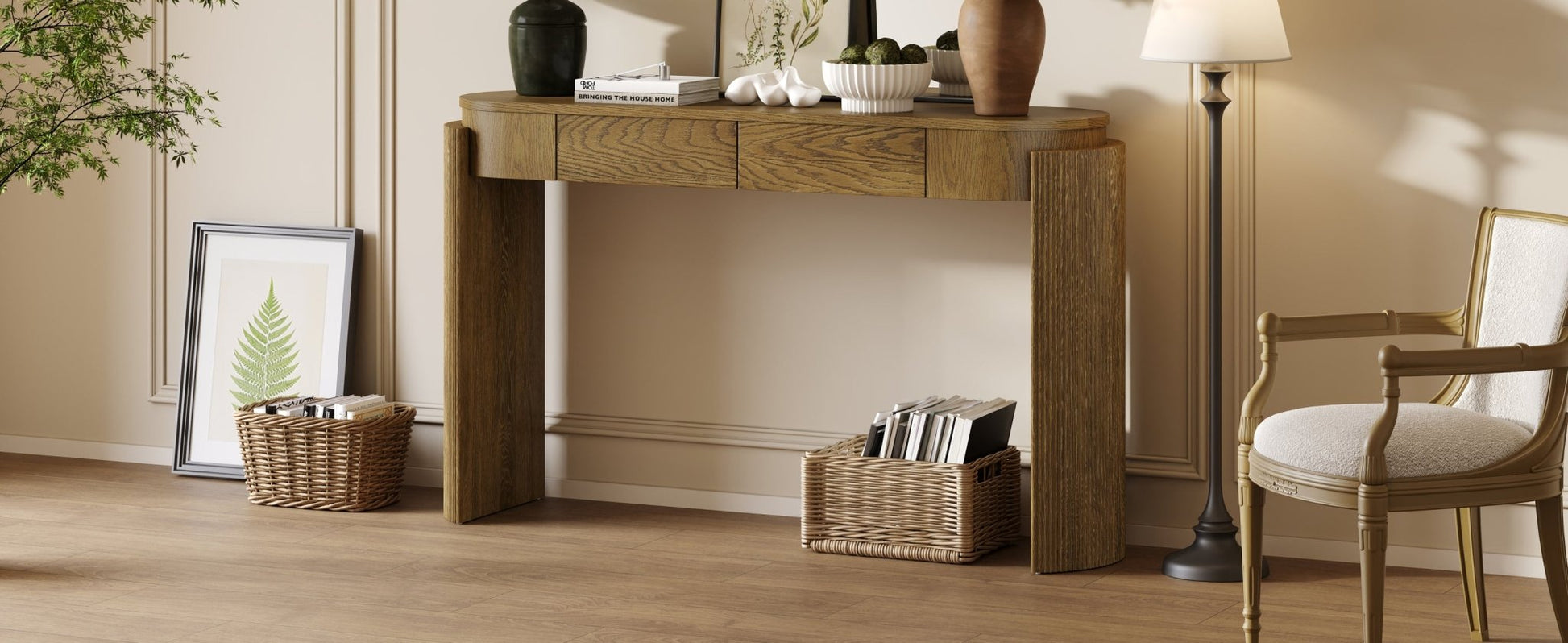 TREXM Entryway Table with Natural Wood Grain Finish, Console Table with Fluted Design, Oval Top and 2 Drawers for Entryway and Living Room (Pine Wood) - 1st Choice Furniture Direct