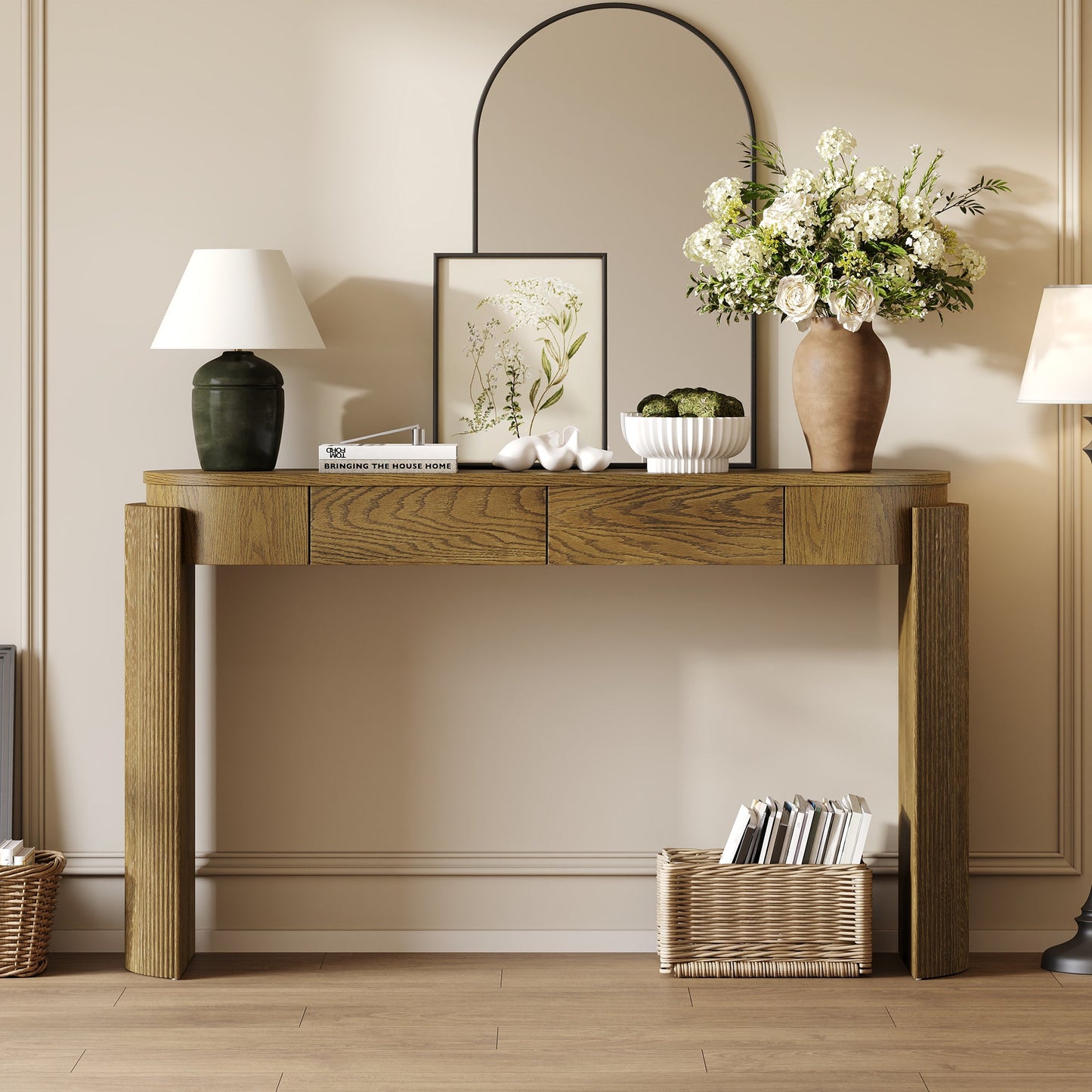 TREXM Entryway Table with Natural Wood Grain Finish, Console Table with Fluted Design, Oval Top and 2 Drawers for Entryway and Living Room (Pine Wood) - 1st Choice Furniture Direct