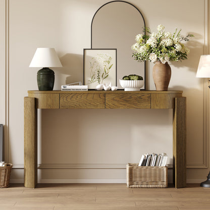 TREXM Entryway Table with Natural Wood Grain Finish, Console Table with Fluted Design, Oval Top and 2 Drawers for Entryway and Living Room (Pine Wood) - 1st Choice Furniture Direct