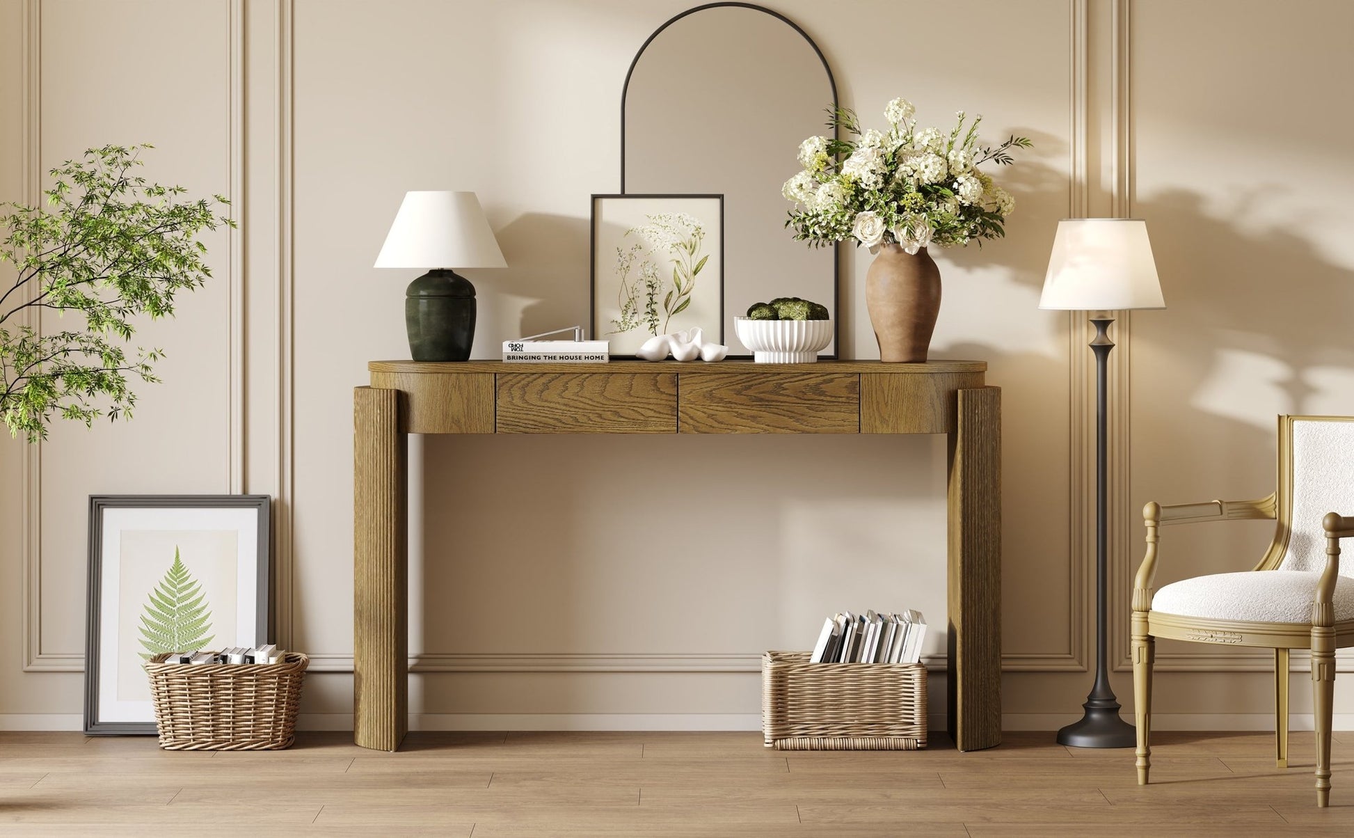 TREXM Entryway Table with Natural Wood Grain Finish, Console Table with Fluted Design, Oval Top and 2 Drawers for Entryway and Living Room (Pine Wood) - 1st Choice Furniture Direct