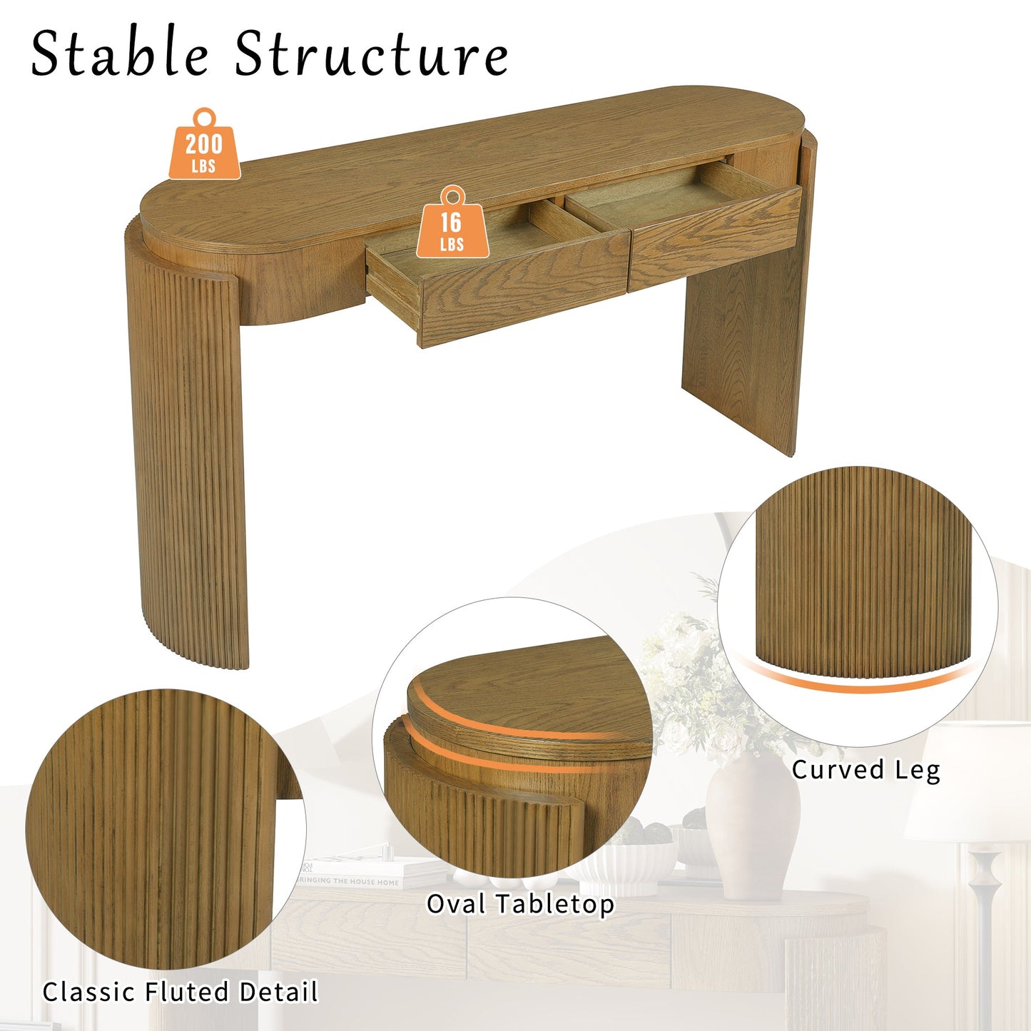 TREXM Entryway Table with Natural Wood Grain Finish, Console Table with Fluted Design, Oval Top and 2 Drawers for Entryway and Living Room (Pine Wood) - 1st Choice Furniture Direct