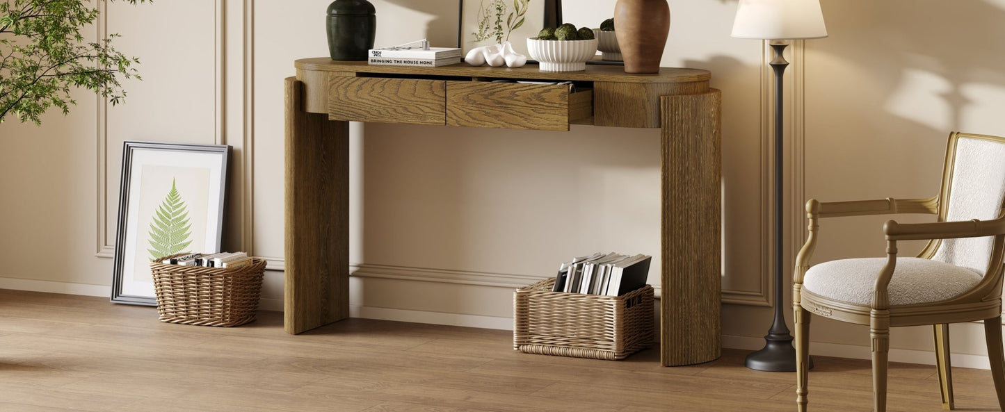 TREXM Entryway Table with Natural Wood Grain Finish, Console Table with Fluted Design, Oval Top and 2 Drawers for Entryway and Living Room (Pine Wood) - 1st Choice Furniture Direct
