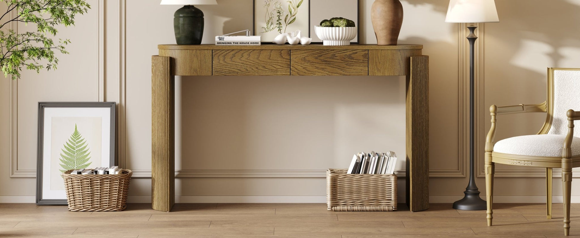 TREXM Entryway Table with Natural Wood Grain Finish, Console Table with Fluted Design, Oval Top and 2 Drawers for Entryway and Living Room (Pine Wood) - 1st Choice Furniture Direct