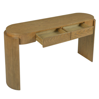 TREXM Entryway Table with Natural Wood Grain Finish, Console Table with Fluted Design, Oval Top and 2 Drawers for Entryway and Living Room (Pine Wood) - 1st Choice Furniture Direct