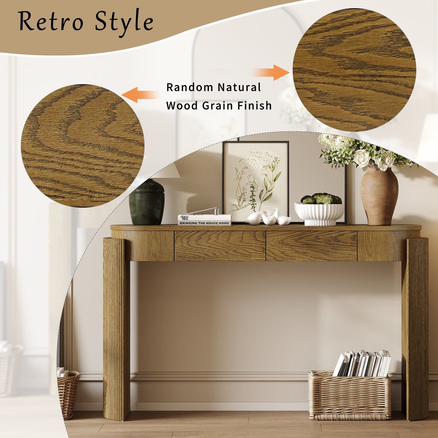 TREXM Entryway Table with Natural Wood Grain Finish, Console Table with Fluted Design, Oval Top and 2 Drawers for Entryway and Living Room (Pine Wood) - 1st Choice Furniture Direct