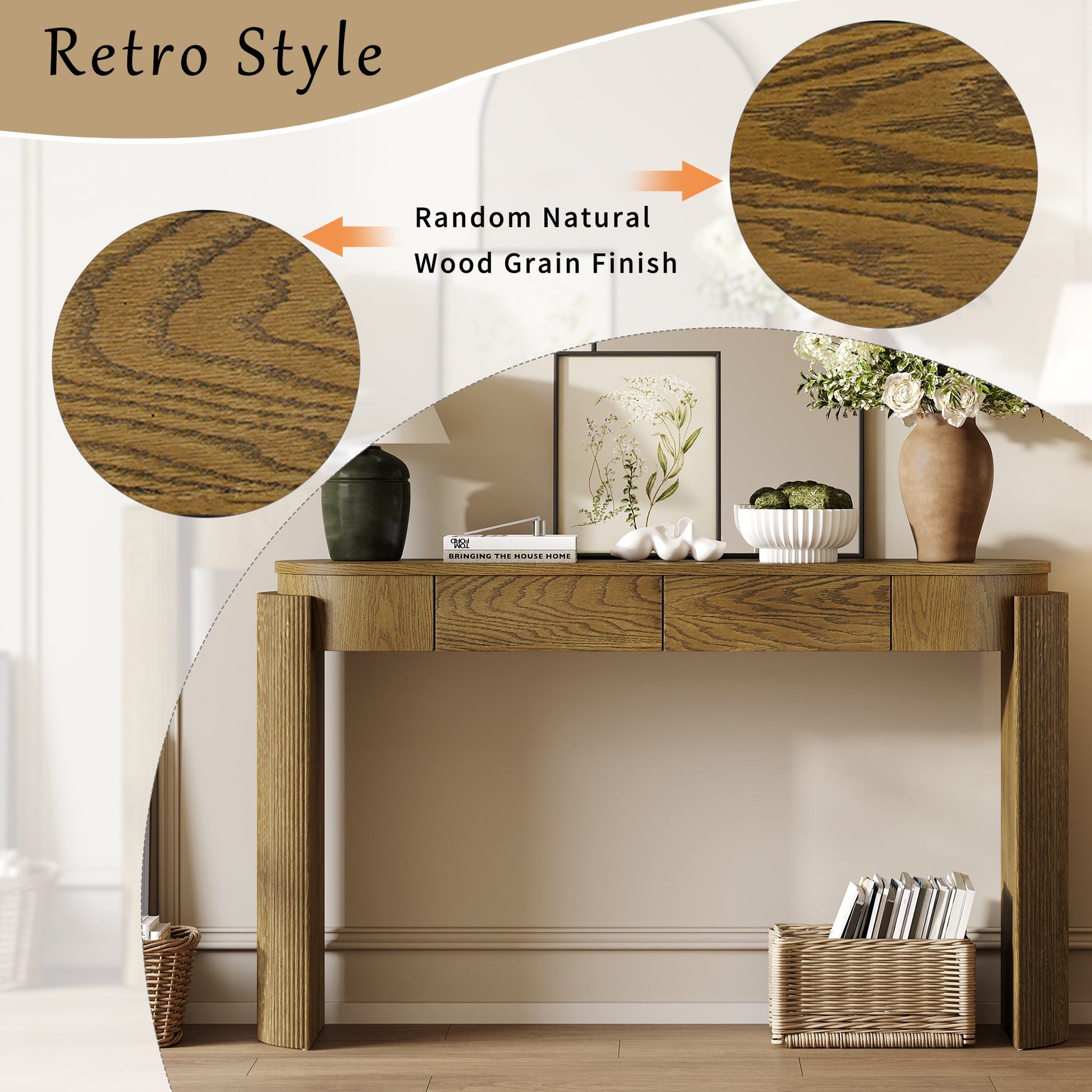 TREXM Entryway Table with Natural Wood Grain Finish, Console Table with Fluted Design, Oval Top and 2 Drawers for Entryway and Living Room (Pine Wood) - 1st Choice Furniture Direct