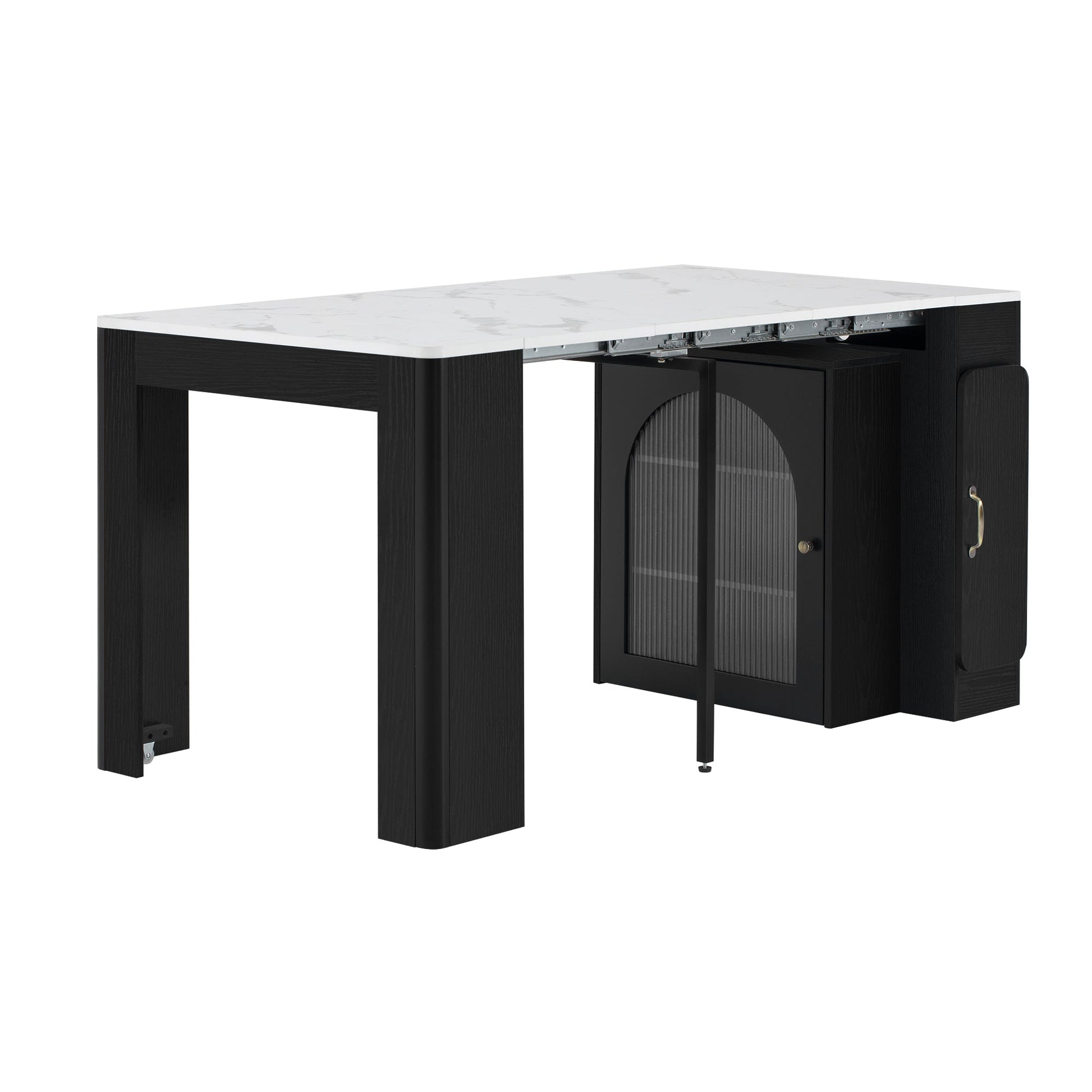 TREXM Extendable Dining Table with 3 Removable Middle Leaves, Mobile Rolling Island Table with Power Outlet, Saving - space Cabinet with Storage for Dining Room and Living Room (BLACK AND MARBLE WHITE) - 1st Choice Furniture Direct