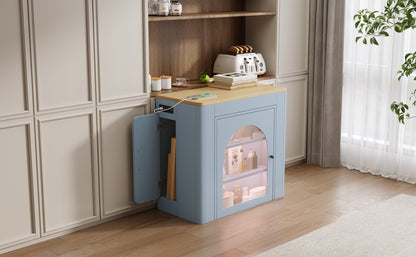 TREXM Extendable Dining Table with 3 Removable Middle Leaves, Mobile Rolling Island Table with Power Outlet, Saving - space Cabinet with Storage for Dining Room and Living Room (GREY BLUE AND NATURAL) - 1st Choice Furniture Direct