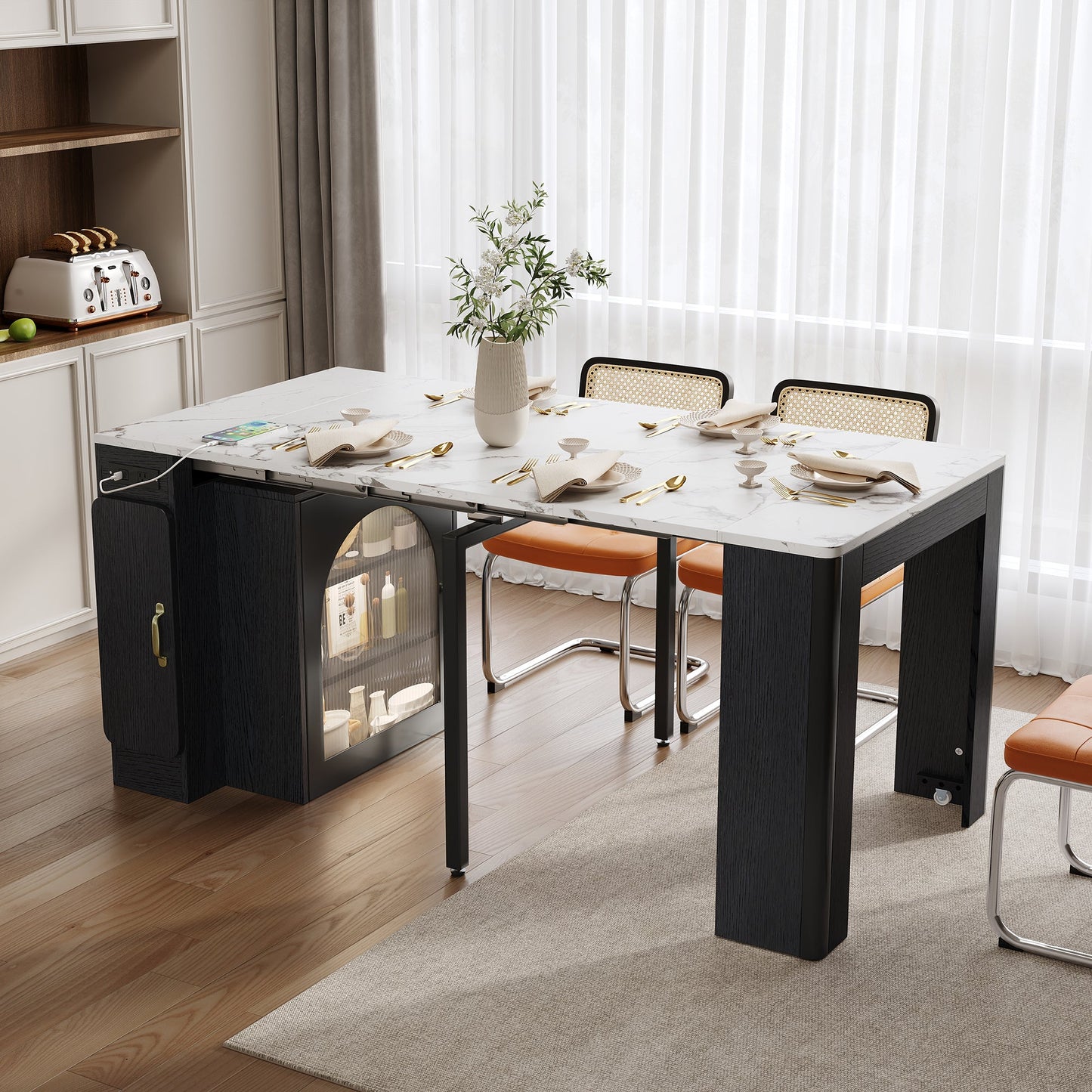 TREXM Extendable Dining Table with 3 Removable Middle Leaves, Mobile Rolling Island Table with Power Outlet, Saving - space Cabinet with Storage for Dining Room and Living Room (BLACK AND MARBLE WHITE) - 1st Choice Furniture Direct