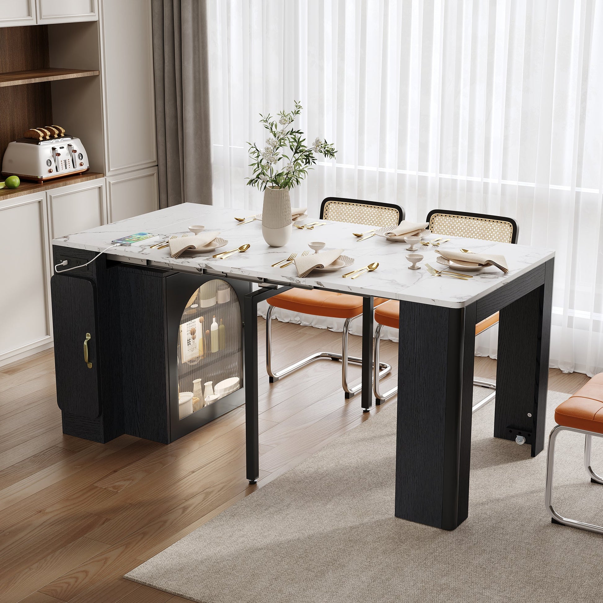 TREXM Extendable Dining Table with 3 Removable Middle Leaves, Mobile Rolling Island Table with Power Outlet, Saving - space Cabinet with Storage for Dining Room and Living Room (BLACK AND MARBLE WHITE) - 1st Choice Furniture Direct