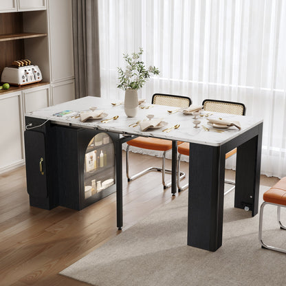 TREXM Extendable Dining Table with 3 Removable Middle Leaves, Mobile Rolling Island Table with Power Outlet, Saving - space Cabinet with Storage for Dining Room and Living Room (BLACK AND MARBLE WHITE) - 1st Choice Furniture Direct
