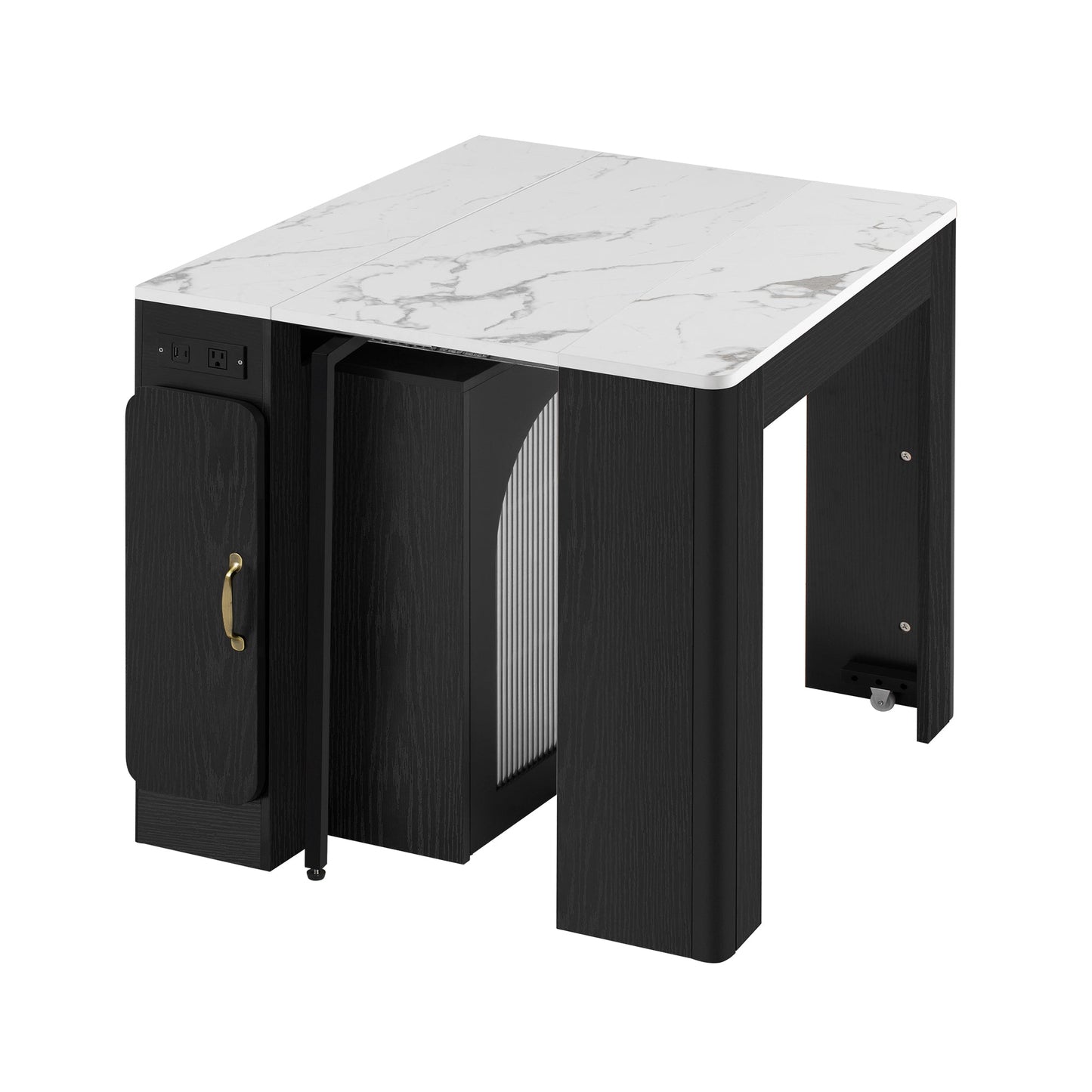 TREXM Extendable Dining Table with 3 Removable Middle Leaves, Mobile Rolling Island Table with Power Outlet, Saving - space Cabinet with Storage for Dining Room and Living Room (BLACK AND MARBLE WHITE) - 1st Choice Furniture Direct