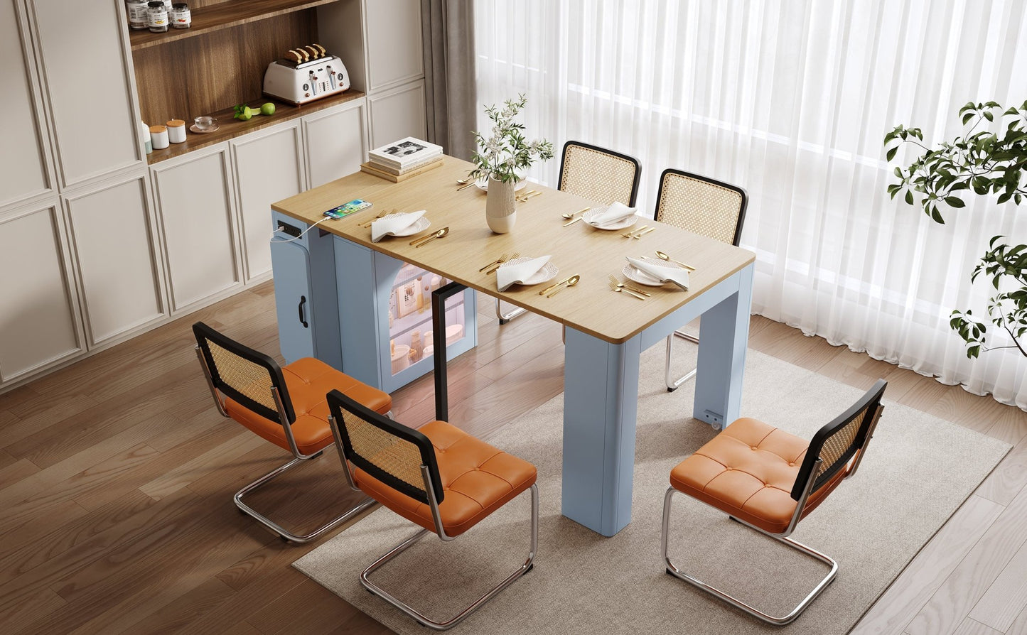 TREXM Extendable Dining Table with 3 Removable Middle Leaves, Mobile Rolling Island Table with Power Outlet, Saving - space Cabinet with Storage for Dining Room and Living Room (GREY BLUE AND NATURAL) - 1st Choice Furniture Direct