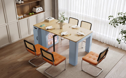TREXM Extendable Dining Table with 3 Removable Middle Leaves, Mobile Rolling Island Table with Power Outlet, Saving - space Cabinet with Storage for Dining Room and Living Room (GREY BLUE AND NATURAL) - 1st Choice Furniture Direct