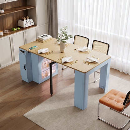 TREXM Extendable Dining Table with 3 Removable Middle Leaves, Mobile Rolling Island Table with Power Outlet, Saving - space Cabinet with Storage for Dining Room and Living Room (GREY BLUE AND NATURAL) - 1st Choice Furniture Direct