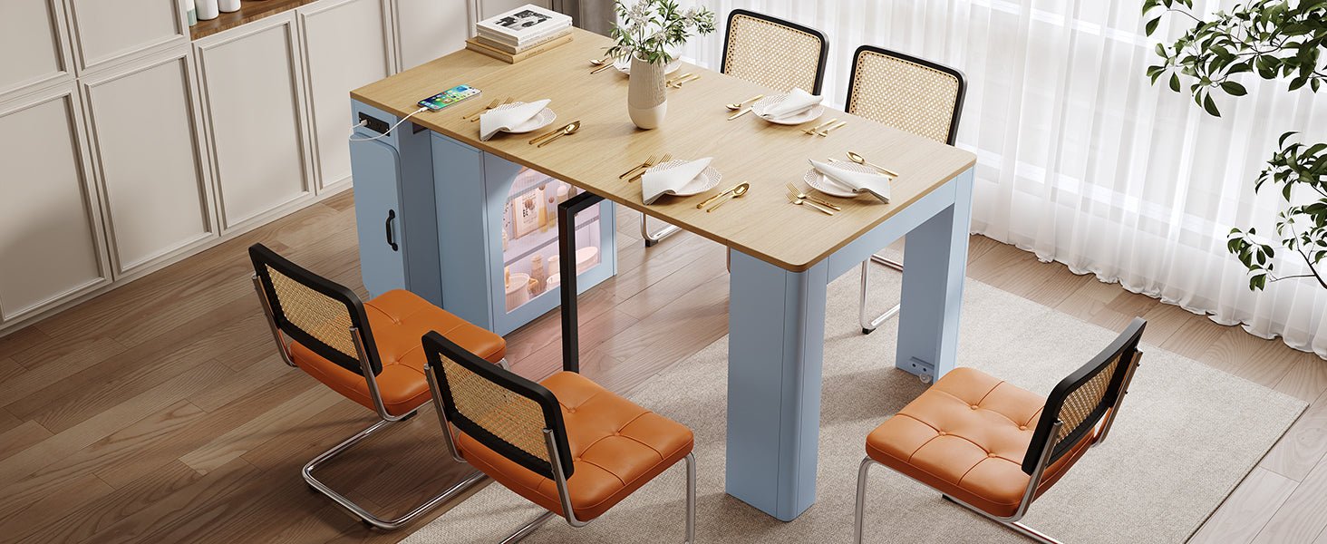 TREXM Extendable Dining Table with 3 Removable Middle Leaves, Mobile Rolling Island Table with Power Outlet, Saving - space Cabinet with Storage for Dining Room and Living Room (GREY BLUE AND NATURAL) - 1st Choice Furniture Direct