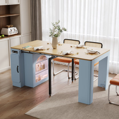 TREXM Extendable Dining Table with 3 Removable Middle Leaves, Mobile Rolling Island Table with Power Outlet, Saving - space Cabinet with Storage for Dining Room and Living Room (GREY BLUE AND NATURAL) - 1st Choice Furniture Direct
