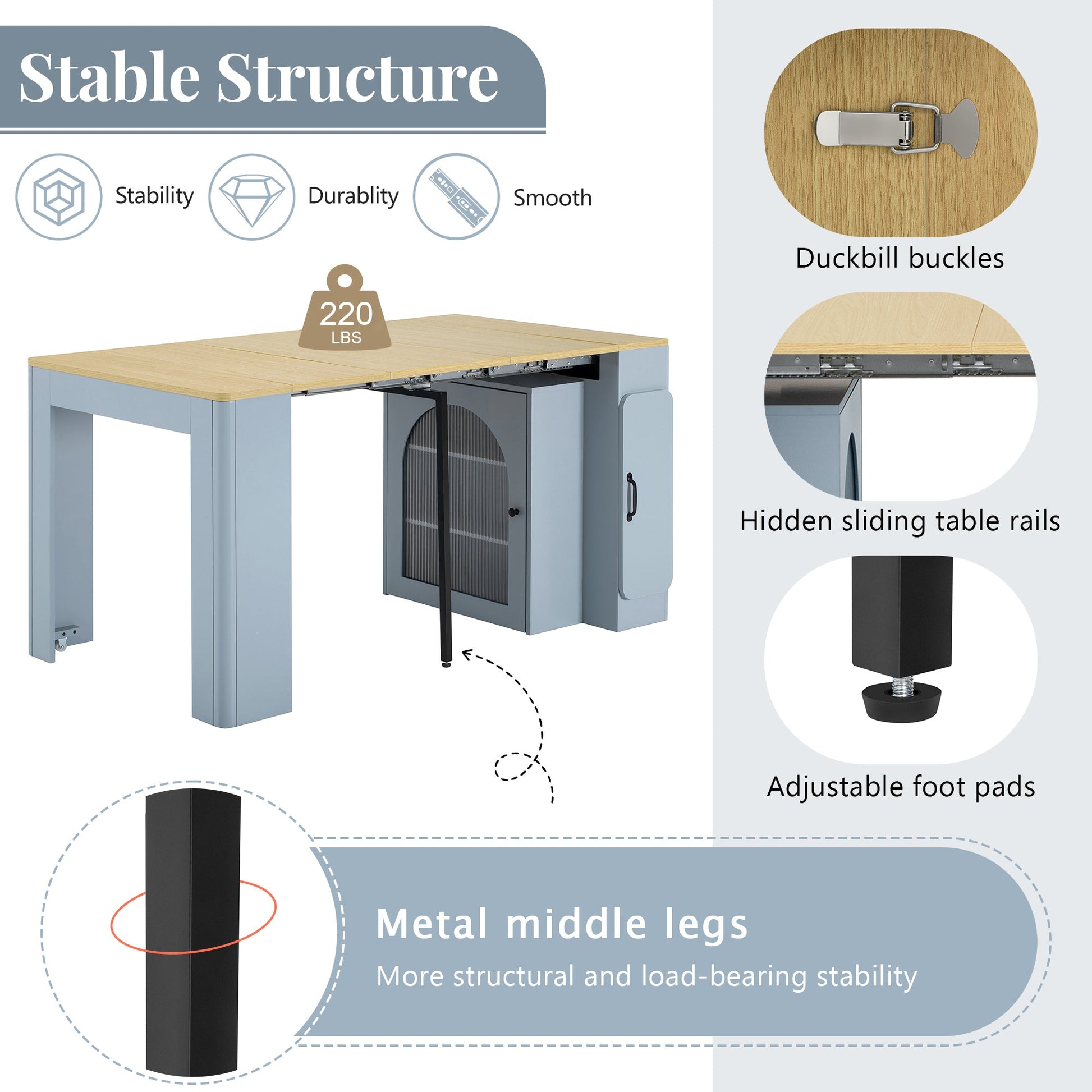 TREXM Extendable Dining Table with 3 Removable Middle Leaves, Mobile Rolling Island Table with Power Outlet, Saving - space Cabinet with Storage for Dining Room and Living Room (GREY BLUE AND NATURAL) - 1st Choice Furniture Direct